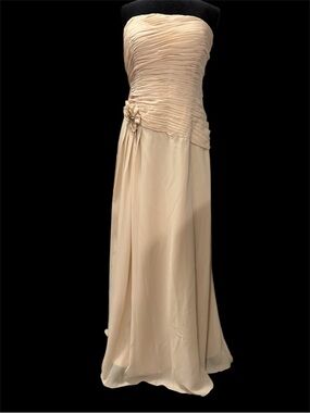 May Queen Strapless Ruched Chiffon Gown in Champagne Beige